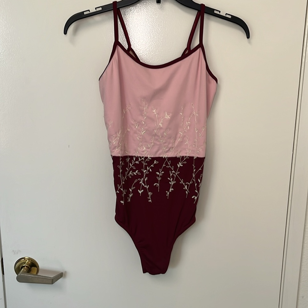 DanceElite White Maroon & Pink Embroidered Camisole Leotard Size Large Adult